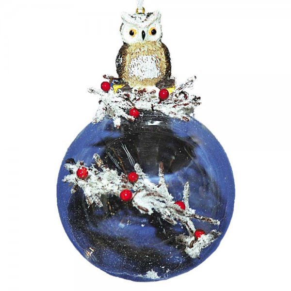Χριστουγεννιάτικη Γυάλινη Μπάλα Διάφανη, με Κεραμική Κουκουβάγια (8cm)